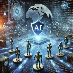 AI scanning cyber threats in a futuristic digital network with security shields and data streams.