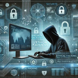 A digital illustration of an ethical hacker working on a computer with secure systems and network icons, including locks and shields, representing cybersecurity.